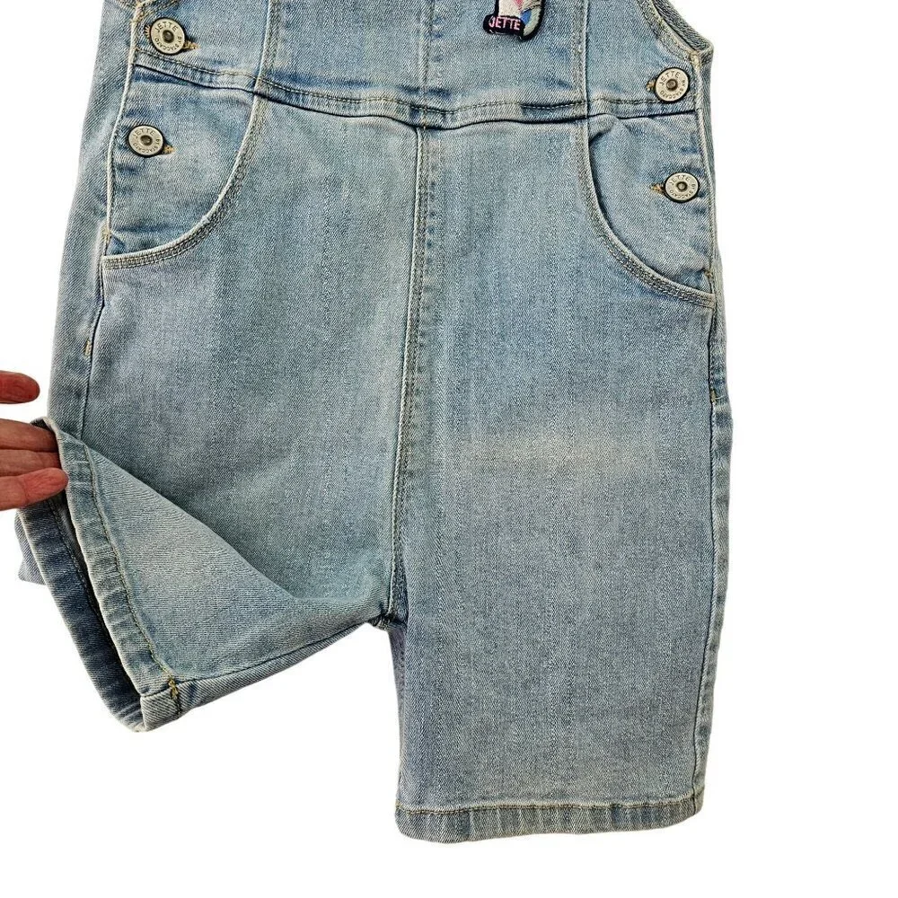 Jette Kids Denim Shorts Bib Overalls Girls 7/8 Cotton Stretch Lightwash Unicorn